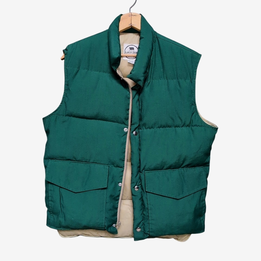 VINTAGE Black Bear Tan Down Insulated Snap & Zip Up Puffer Vest Adult Size L